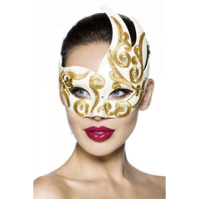 Plastic white face mask with gold and strass