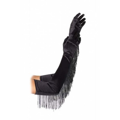 satin length gloves with fringe trim