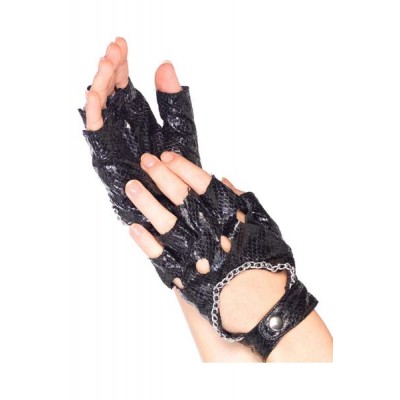 Faux snake skin fingerless gloves with chain accents