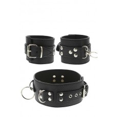 Set with black collar and 2 handcuffs leatherlook