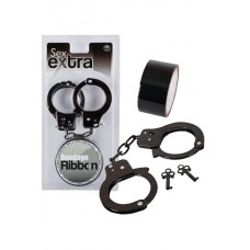 Set black metal hundcuffs and bondage tape