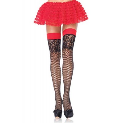 Industrial net thigh highs with jacquard lace top